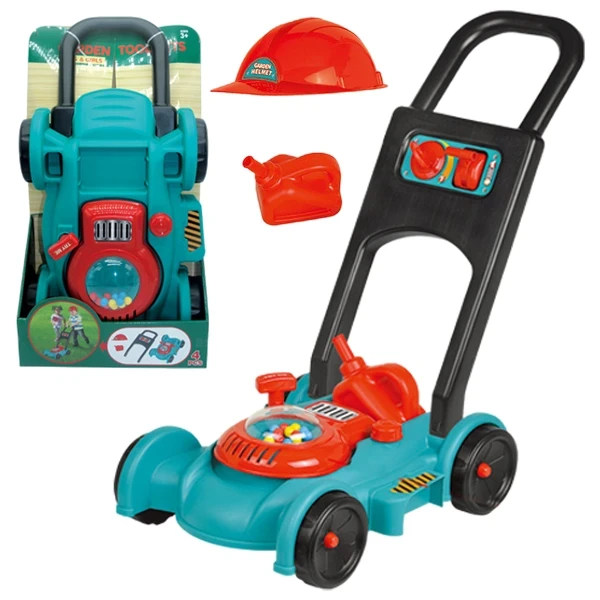 Игрушечная газонокосилка G 6308 с заводным механизмом, трещотки, каска, канистра Игрушечная газонокосилка G 6308 с заводным механизмом, трещотки, каска, канистра