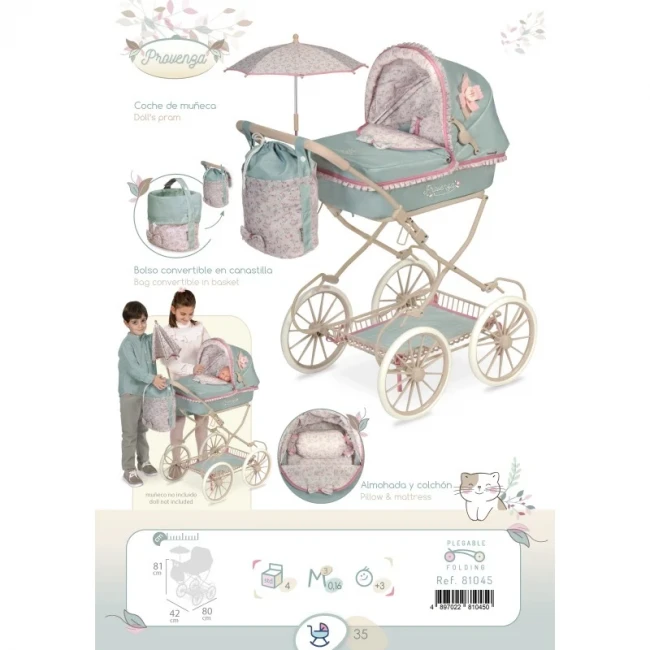 Коляска для кукол DeCuevas 81045 Provenza (классическая, корзинка, сумка, подушка, зонтик)