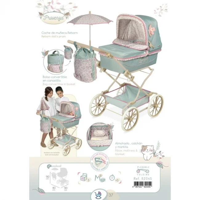 Коляска для ляльок DeCuevas 82045 Provenza (класична, кошик, сумка, подушка, парасолька)