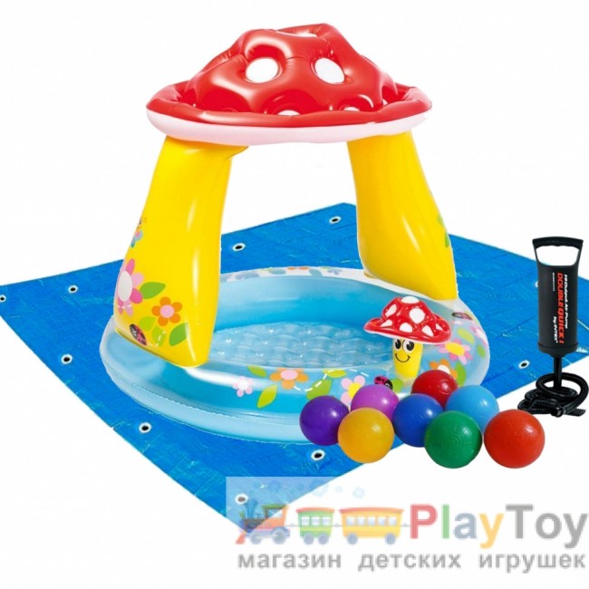 Дитячий надувний басейн Intex 57114-2 Грибочок 102 х 89 см із кульками 10 шт підстилкою насосом