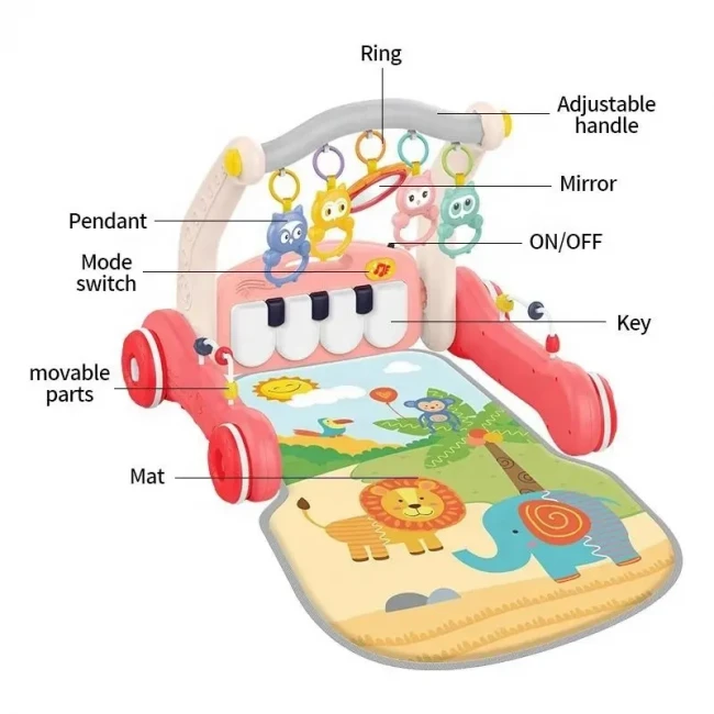 Ходунки-каталка коврик Rack & Walker HE 0637/0638 2 в 1 (погремушки, пианино, мелодии, пальчиковые лабиринты)