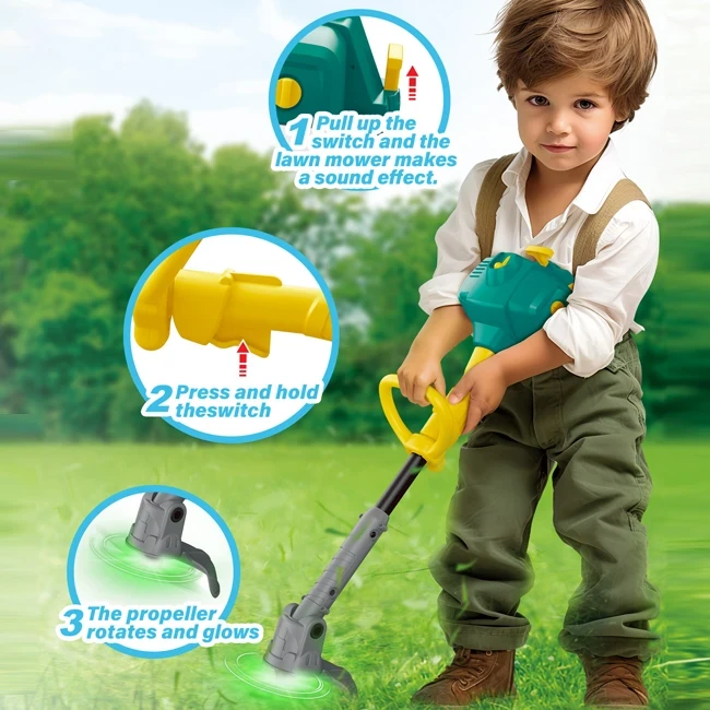 Игрушечная газонокосилка триммер T 2051 на батарейках, подсветка, звук Игрушечная газонокосилка триммер T 2051 на батарейках, подсветка, звук