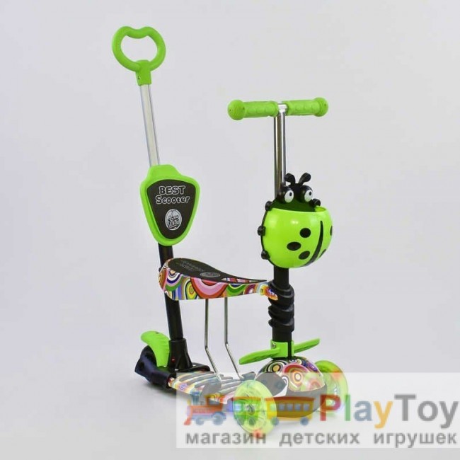 Самокат-біговів дитячий триколісний Best Scooter (33650) 5 в 1, є підсвічування коліс, PU-колеса, абстракція, зелений