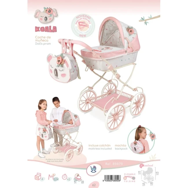 Коляска для ляльок DeCuevas 80079 Koala (класична, кошик, рюкзак)