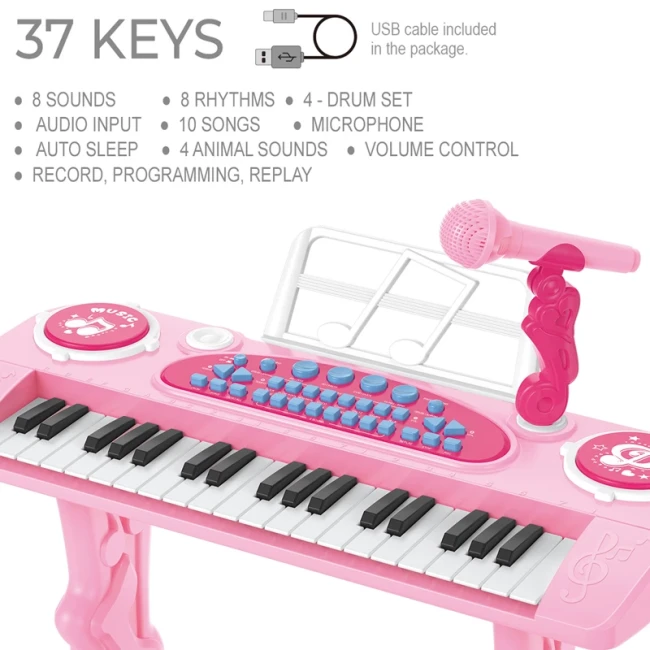 Дитяче піаніно Electronic Piano 328-64 зі стільчиком (мікрофон, запис, USB, від мережі/батарейок)