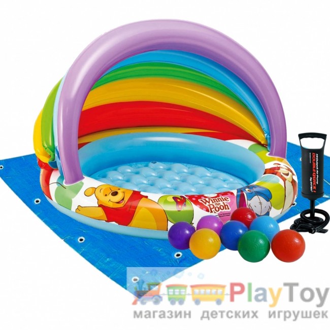 Дитячий надувний басейн Intex 57424-2 Вінні Пух 102 х 69 см з навісом із кульками 10 шт підстилкою насосом