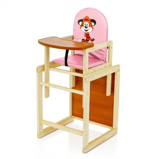 Стульчик для кормления деревянный Мася "Тигр" №2033 Розовый (трансформер: столик, стульчик; чехол)