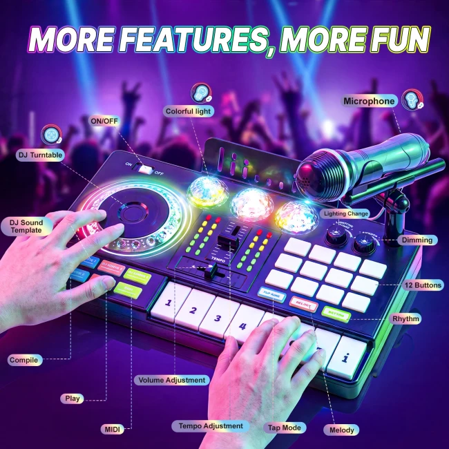 Музыкальная установка DJ Controller 208 (микрофон, запись, игры, подсветка, bluetooth)