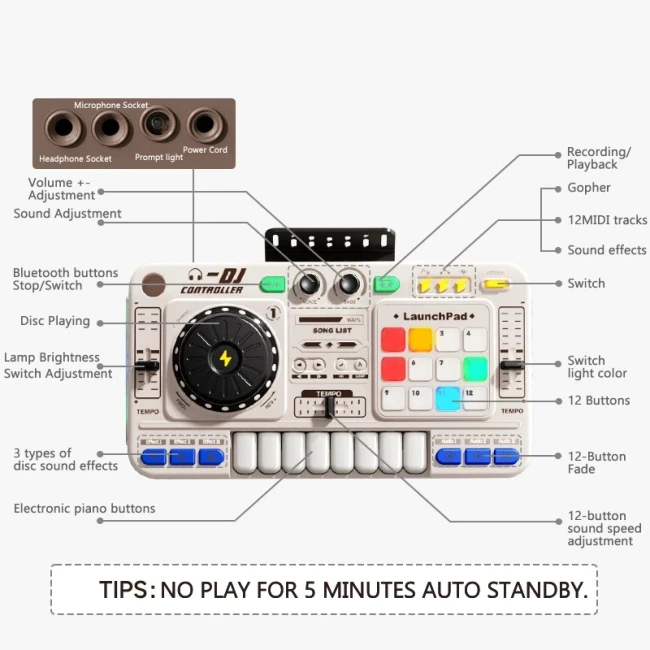 Музыкальная установка DJ Controller 8D-8B (пианино, микрофон, запись, игры, подсветка, bluetooth)