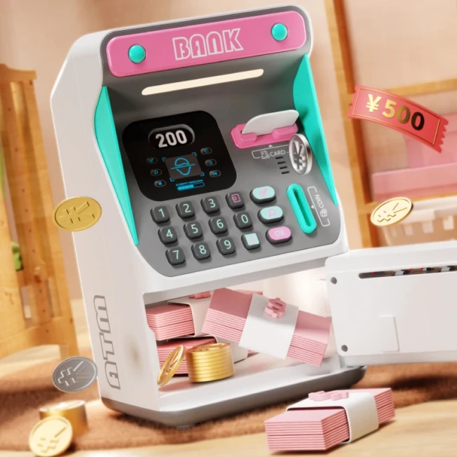 Детский сейф банкомат ATM 7012 A с банковской картой, звук, подсветка, выдача и прием наличных Детский сейф банкомат ATM 7012 A с банковской картой, звук, подсветка, выдача и прием наличных