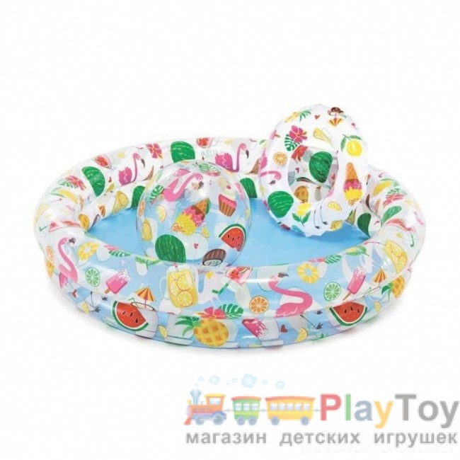 Дитячий надувний басейн Intex 59460-1 Фрукти 122 х 25 см з м'ячиком та колом з кульками 10 шт