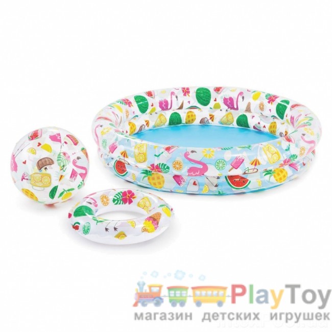 Дитячий надувний басейн Intex 59460-1 Фрукти 122 х 25 см з м'ячиком та колом з кульками 10 шт