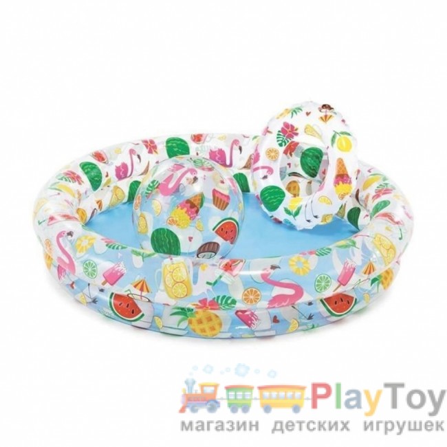 Дитячий надувний басейн Intex 59460-3 Фрукти 122 х 25 см з м'ячиком та колом з кульками 10 шт