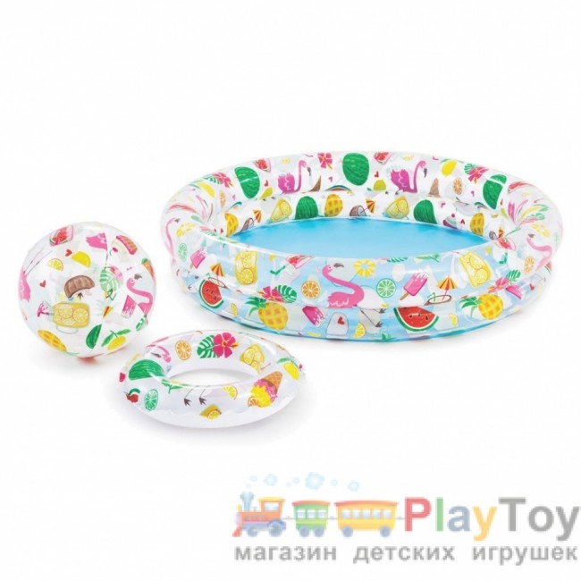 Дитячий надувний басейн Intex 59460-3 Фрукти 122 х 25 см з м'ячиком та колом з кульками 10 шт