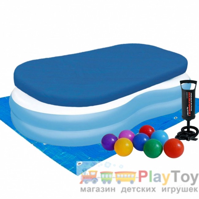 Детский надувной бассейн Bestway 54117-3 голубой 262 х 157 х 46 см с шариками 10 шт тентом подстилкой насосом