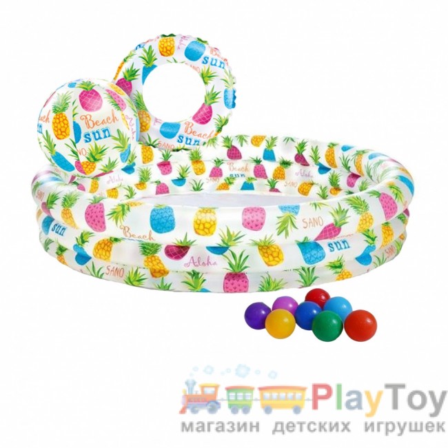 Дитячий надувний басейн Intex 59469-1 Ананас 132 х 28 см з м'ячем та колом з кульками 10 шт