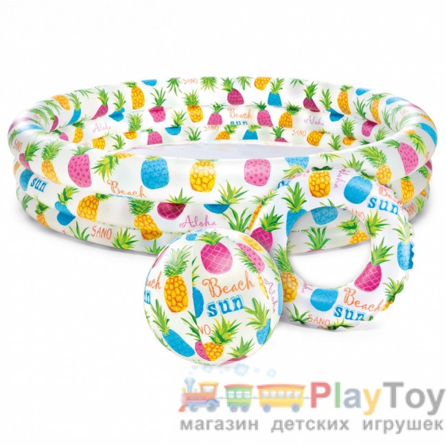 Дитячий надувний басейн Intex 59469-1 Ананас 132 х 28 см з м'ячем та колом з кульками 10 шт