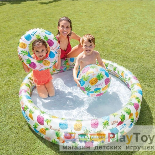 Дитячий надувний басейн Intex 59469-2 Ананас 132 х 28 см з м'ячем та колом з кульками 10 шт підстилкою насосом