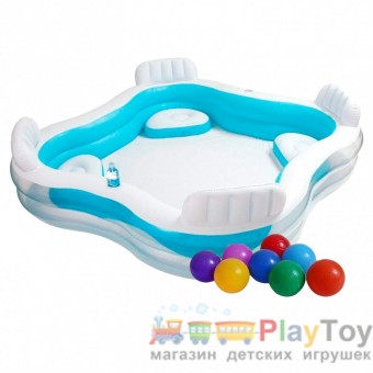 Детский надувной бассейн Intex 56475-1 229 х 229 х 66 см с шариками 10 шт сиденьями подстаканниками Детский надувной бассейн Intex 56475-1 229 х 229 х 66 см с шариками 10 шт сиденьями подстаканниками
